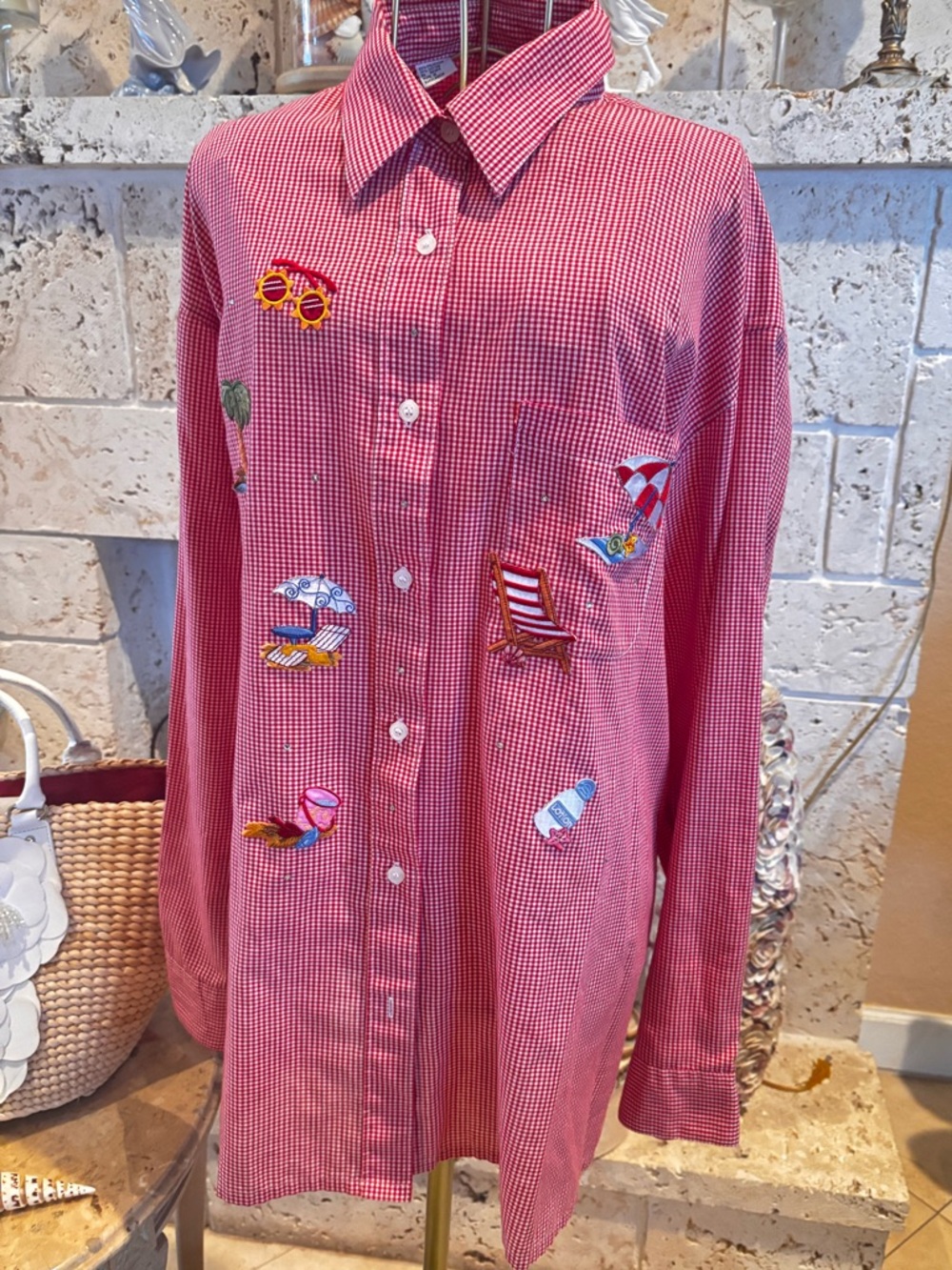 Coastal Beach Embroidered Gingham Button Down Shirt 1X Vacation Vibes - Picture 3 of 8
